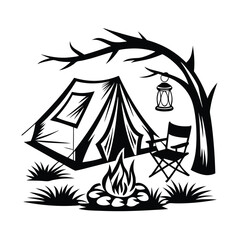 Camping Silhouette Tent, Campfire, Chair, Lantern, Tree Monochrome Icon