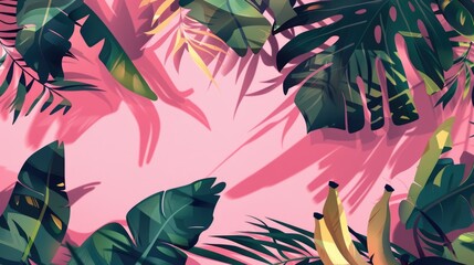 Vibrant tropical illustration with banana plants, monstera leaves and palm shadows on pink background