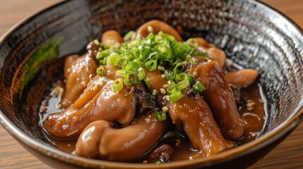 Delicious Asian Cuisine with Tender Meat and Green Onions in Bowl