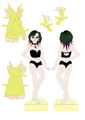 Cute cartoon doll with lush short black-green hair. Set of people and dress. Isolated digital flat illustration. Summer female portrait. Woman figurine for playing with children. Character for game.