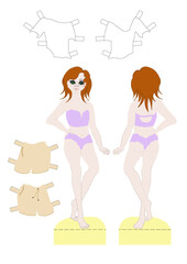 Cute cartoon doll with lush short red hair. Set of casual shorts and t-shirt. Isolated digital flat illustration. Funny female portrait. Girl figurine for playing with children. Character for game.