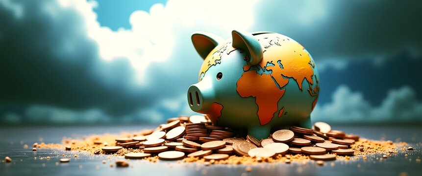 Geopolitical trade war impact: Tariffs disrupt global exports, affecting economy and inflation. Cracked Piggy Bank Symbolizing Economic Disruption and Trade Conflict