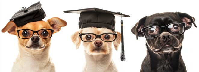 Fototapeta premium Three Adorable Dogs in Graduating Caps and Glasses Celebrating Education