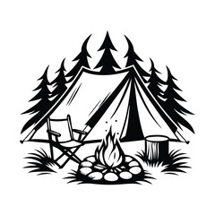 Camping Tent, Bonfire, Pines, and Camp Chair in Black and White Silhouette