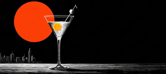 Minimalist martini design with sun and garnish on black background