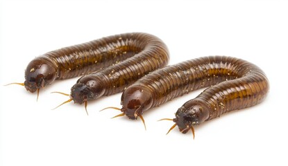 Close-up View of Three Brown Earthworms on White Background