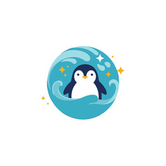 Cute Penguin Swimming in the Ocean Waves