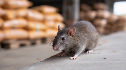 Close up of a Gray Rat Near a Stack of Grain Sacks Outdoors