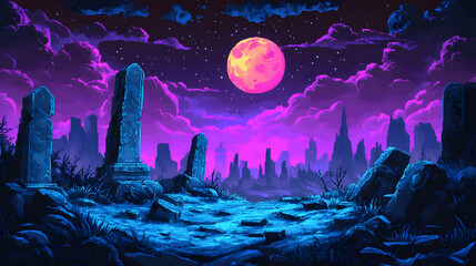 Obraz premium Pixel Art Landscape with a Pink Moon and Starry Sky over Ancient Blue Ruins at Nightfall