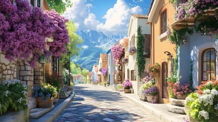 Fototapeta premium Flower-Adorned Village Street: A picturesque village street lined with charming houses, vibrant bougainvillea, and colorful flowerpots.