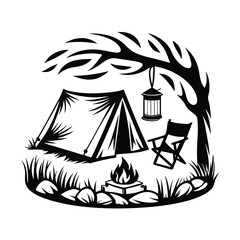 Camping Silhouette Tent, Campfire, Chair, Tree and Lantern Black and White