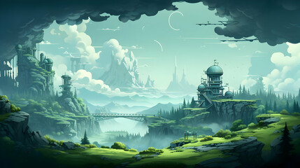 Pixel Art Landscape with Green Hills and Distant Architecture with Bridges and Paths in Misty Atmosphere