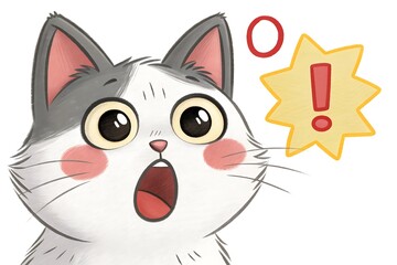 Obraz premium Surprised Cartoon Cat Face with Comic Speech Bubble and Exclamation Mark – Playful and Expressive Illustration