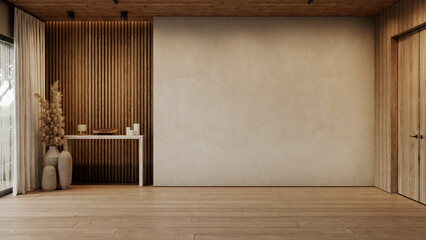 Contemporary loft empty interior with blank wall, wall panels, pampas grass and marble console. 3d render illustration mockup.
