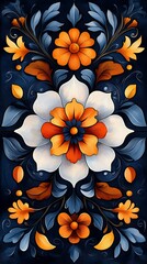 Vibrant Floral Phone Wallpaper  White Orange & Blue Flowers with Intricate Leaves on Dark Background | Vertical HD Mobile Background

