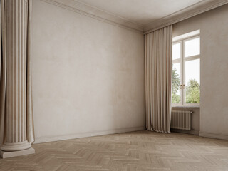 Fototapeta premium Classic beige empty interior with column, curtains and parquet wood floor. 3d render illustration mockup.