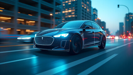 Naklejka premium Autonomous Electric Vehicles: Interactive Digital Analytics & Advanced Visualizations Showcasing Self-Driving Technology & Sustainable Mobility Solutions - Concept Image with Empty Space