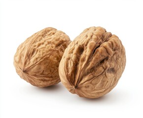 Two Whole Walnuts with Shells on White Background