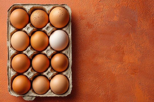 Six brown eggs nestled in carton against warm terracotta backdrop for national egg day