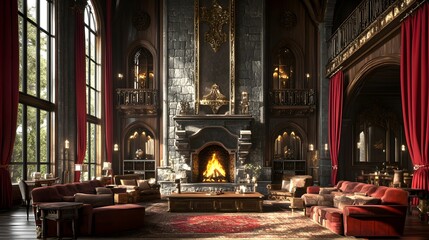 Obraz premium Grand Gothic Hall: A majestic gothic-style hall with soaring ceilings, large windows, a grand fireplace, and plush seating creates an atmosphere of opulence and grandeur.