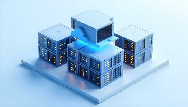 A sleek, isometric 3D render of a modern data center. The structure consists of multiple server buildings with glowing blue and yellow LED lights, symbolizing cloud storage and digital connectivity