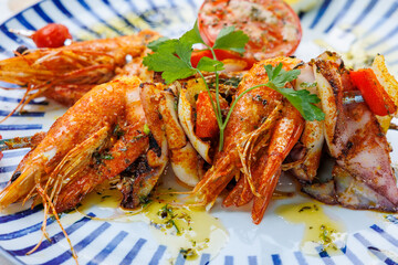Seafood in restaurant in Funchal city, capital of Madeira Island, Portugal