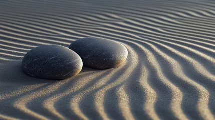 Two dark gray stones resting on fine sand with raked patterns in autumn