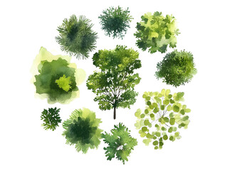 Fototapeta premium tree top watercolor hand drawn view isolated on white background for landscape plan and architecture layout drawing, elements for environment and garden