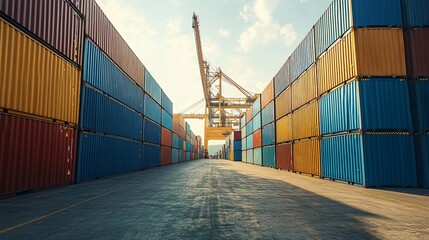 Fototapeta premium Container yard with vibrant multicolored shipping containers stacked in perfect rows under bright daylight, futuristic commerce hub, cranes in background, high detail, sharp shadows, industrial