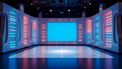 Create a modern Eurovision press room visual that features minimalist design clear layout structures and robust branding to facilitate professional media communications and event publicity. in  Photo 