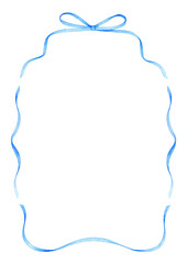 Curved rectangular frame made of blue ribbon with bow on top. Watercolor border template isolated on white background. Design for greeting card, invitation, postcard, banner, poster