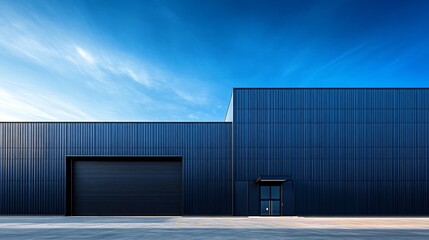 Fototapeta premium Matte black container yard beside blue warehouse, minimalistic commercial scene, sharp sunlight contrast, logistics-oriented design, high resolution textures, no clutter