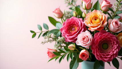 Fototapeta premium Vibrant Fresh Blooms: Intricately Composed Bouquet Arrangements for Mother's Day Celebrations - Perfect for Professional Photo Stock Usage with Empty Space