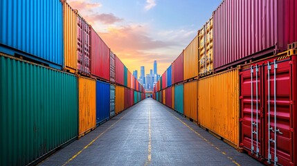Symmetrical cargo container rows extending into distance with city skyline backdrop, precise alignment, clean industrial zone, modern commerce aesthetic, balanced tones