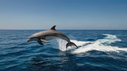 Fototapeta premium Dolphin leaping in ocean, clear blue sky