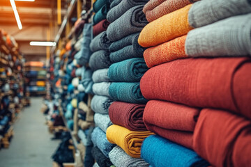 Colorful rolled sweaters stacked high in a store soft textures and warm hues