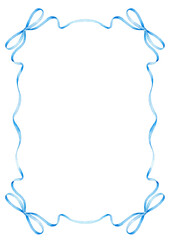 Blue ribbon frame with four bows on white background. Watercolor hand drawn border illustration. Celebration and greeting card concept for design, print, banner, postcard, invitation, greeting card