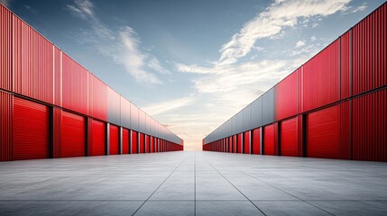Fototapeta premium Commerce platform with only red containers in a clean, gray yard, aesthetic color blocking, smooth ground texture, high-definition logistics hub