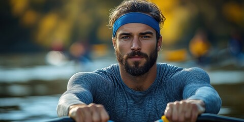 A man with a blue headband is rowing a boat