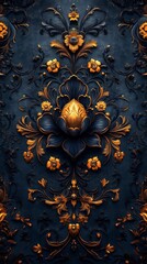 Luxurious Floral Phone Wallpaper  Dark Blue & Gold Ornate Flowers with Elegant Scrolls | Vertical HD Mobile Background

