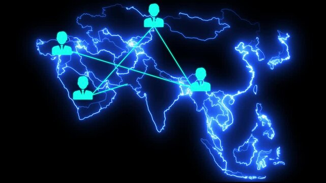 Global people network icon animation.Animated Illustration of connected diverse people avatars forming a vibrant networking web on a world map. Social connections, and professional networking. - Powered by Adobe