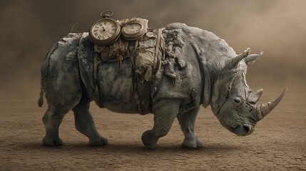 Fototapeta premium A rhino carrying a broken clock on its back, surrounded by dry earth