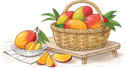Mango with Mango Slice in wicker basket on table in white background vector design, Mango vector design