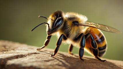 Honeybee on a log, close-up macro shot, nature scene