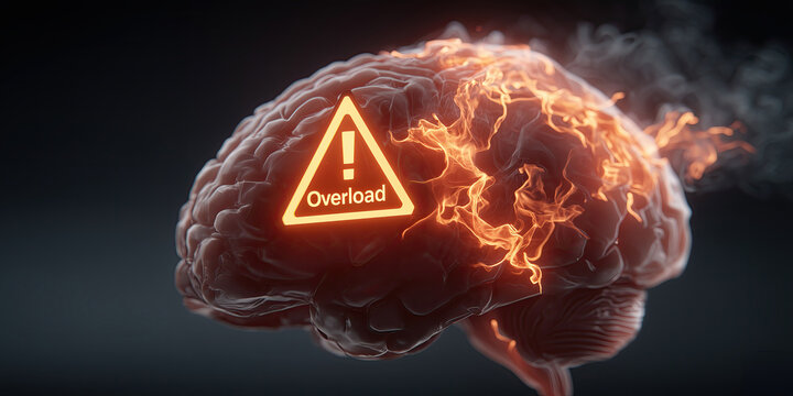 human brain with glowing Overload warning sign, emitting heat waves and energy surges