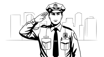 Police officer saluting respectful representing law enforcement against city skyline