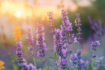 Obraz premium Lavender field sunset soft light peaceful blooms