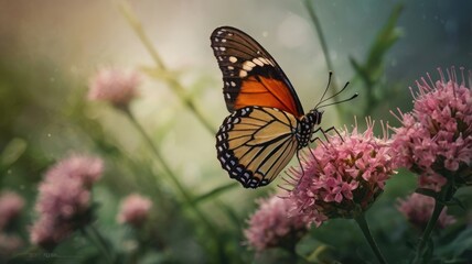 Naklejka premium Butterfly on flower, soft lighting, garden scene, nature's beauty, perfect shot, ideal use, for stock photography and prints