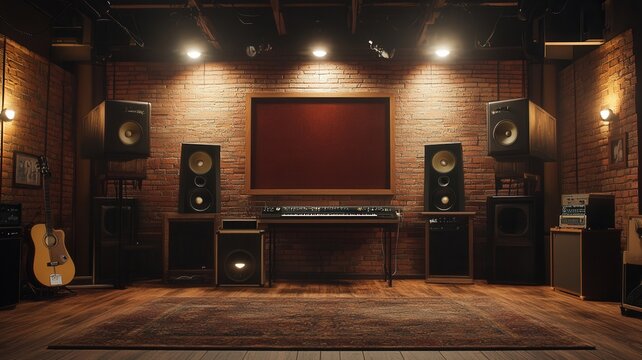 with podcast studio setup for empty chairs, a blank screen, recording orange neon lights, ready Modern and