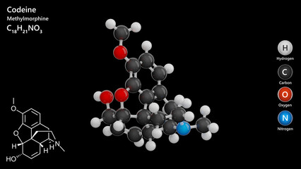 Codeine molecule. Drug. Molecular structure. Formula: C18H21NO3. Chemical model: Ball and stick. Black background. 3D illustration.